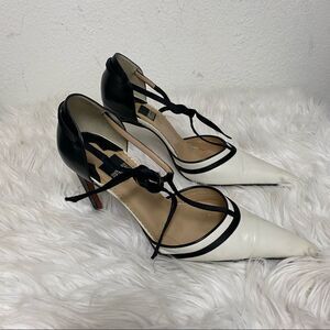 Gianfranco Ferre White Black Leather Pointed Toe Heels EUR 37.5 US 7